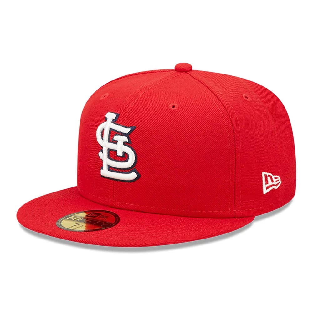 St. Louis Cardinals Authentic On Field Game Red New Era 59FIFTY Cap, three-quarter view showing raised white STL logo on the front panel, red visor with gold 59FIFTY size sticker and an embroidered New Era flag logo on the left side.