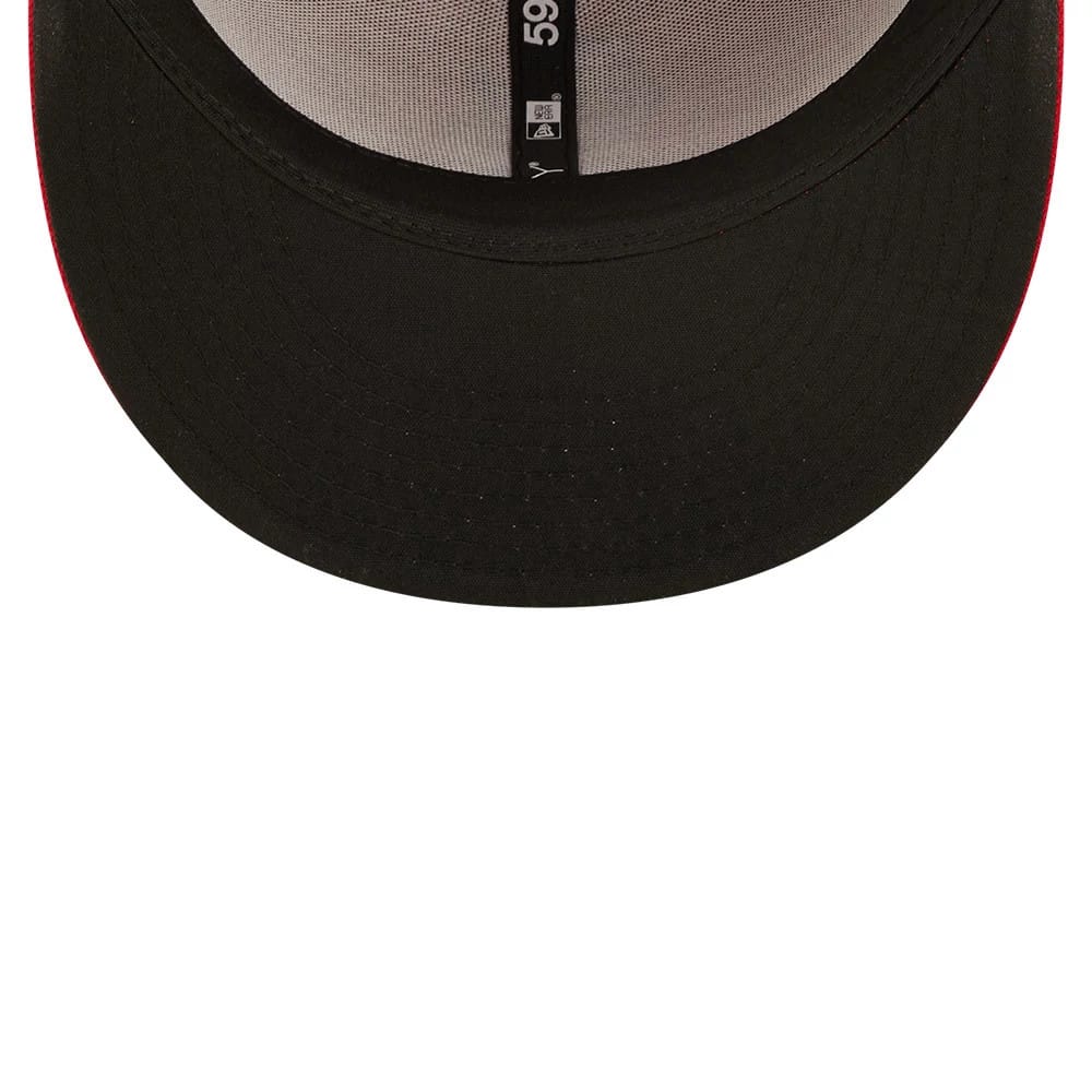 St. Louis Cardinals Authentic On Field Game Red New Era 59FIFTY Cap, inside view showing the black undervisor, black taping with white 59FIFTY branding and the red stitching on the edge of the visor.