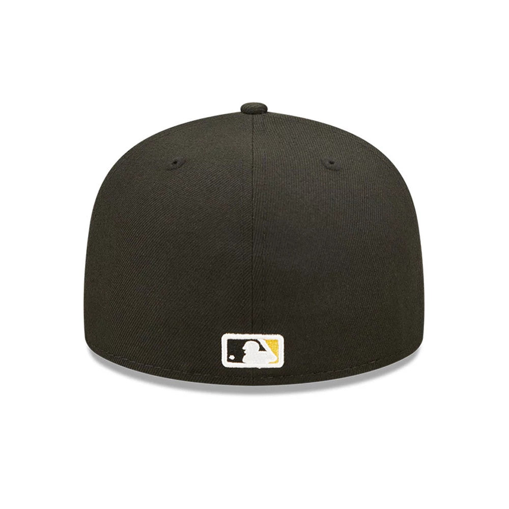 Pittsburgh Pirates Authentic On Field Game Black New Era 59FIFTY Cap, rear view showing the MLB Batterman logo embroidered in white, black, and gold at the centre of the back panels on the structured black crown.