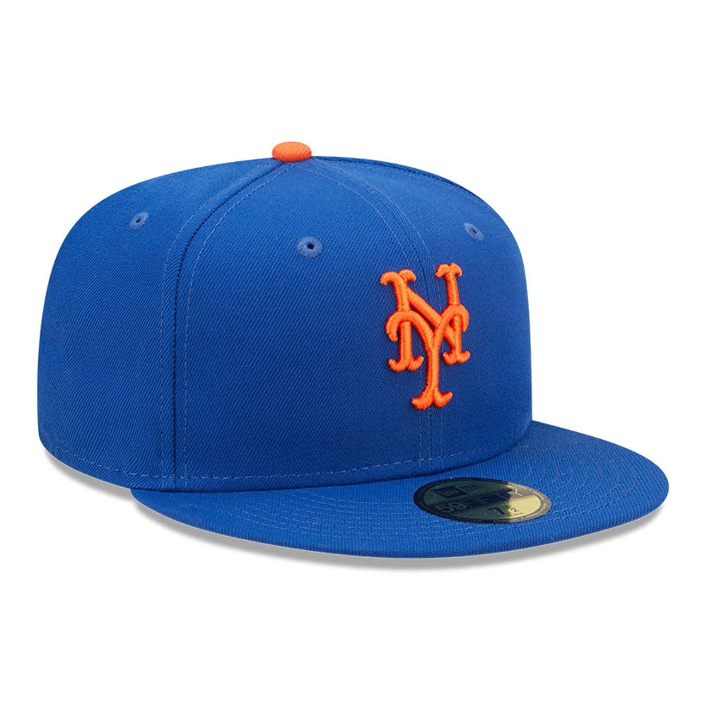 New York Mets AC Perf Blue New Era 59FIFTY Fitted Cap, three-quarter view showing the raised orange NY logo embroidered on the front panel, a gold 59FIFTY size sticker on the flat blue visor, and an orange top button.