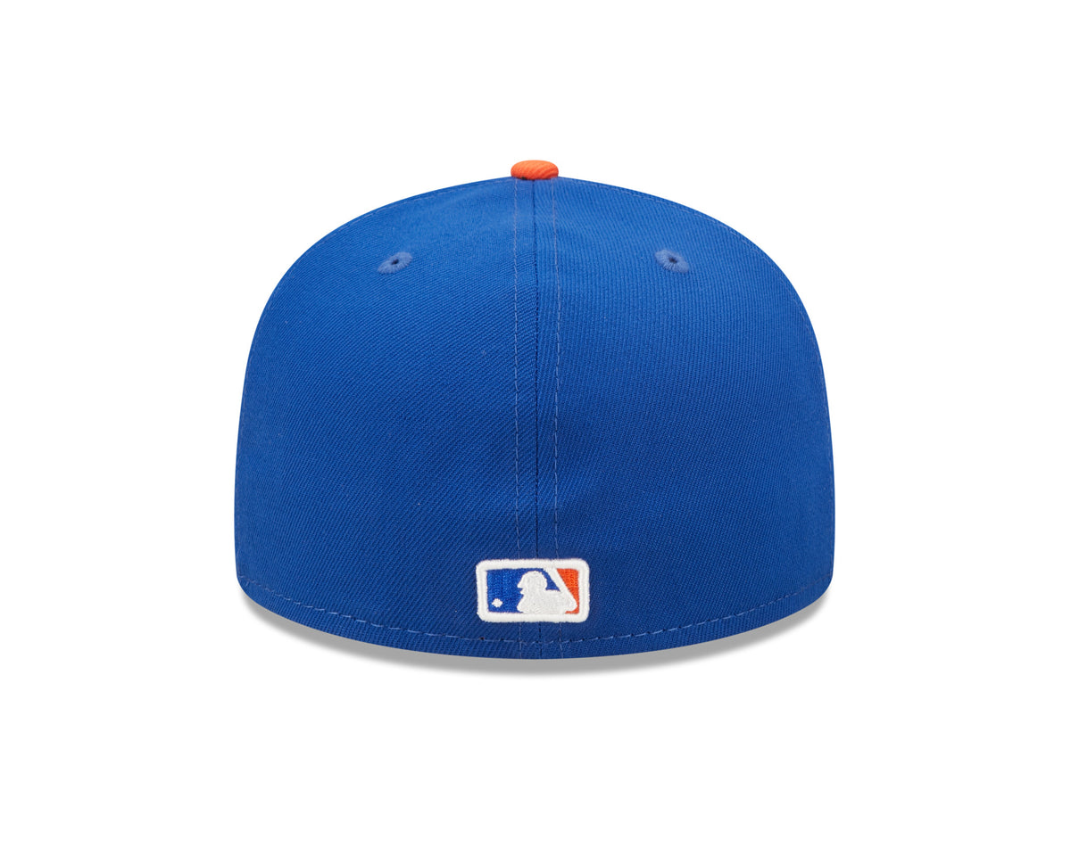 New York Mets AC Perf Blue New Era 59FIFTY Fitted Cap, rear view showing the embroidered MLB Batterman logo at the centre of the back panels, set low on the structured blue crown with an orange top button.