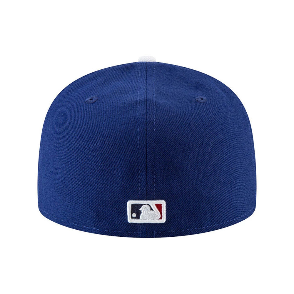 LA Dodgers Authentic On Field Game Blue New Era 59FIFTY Cap, rear view showing the embroidered MLB Batterman logo at the centre of the back panels, with a structured blue crown and matching top button.