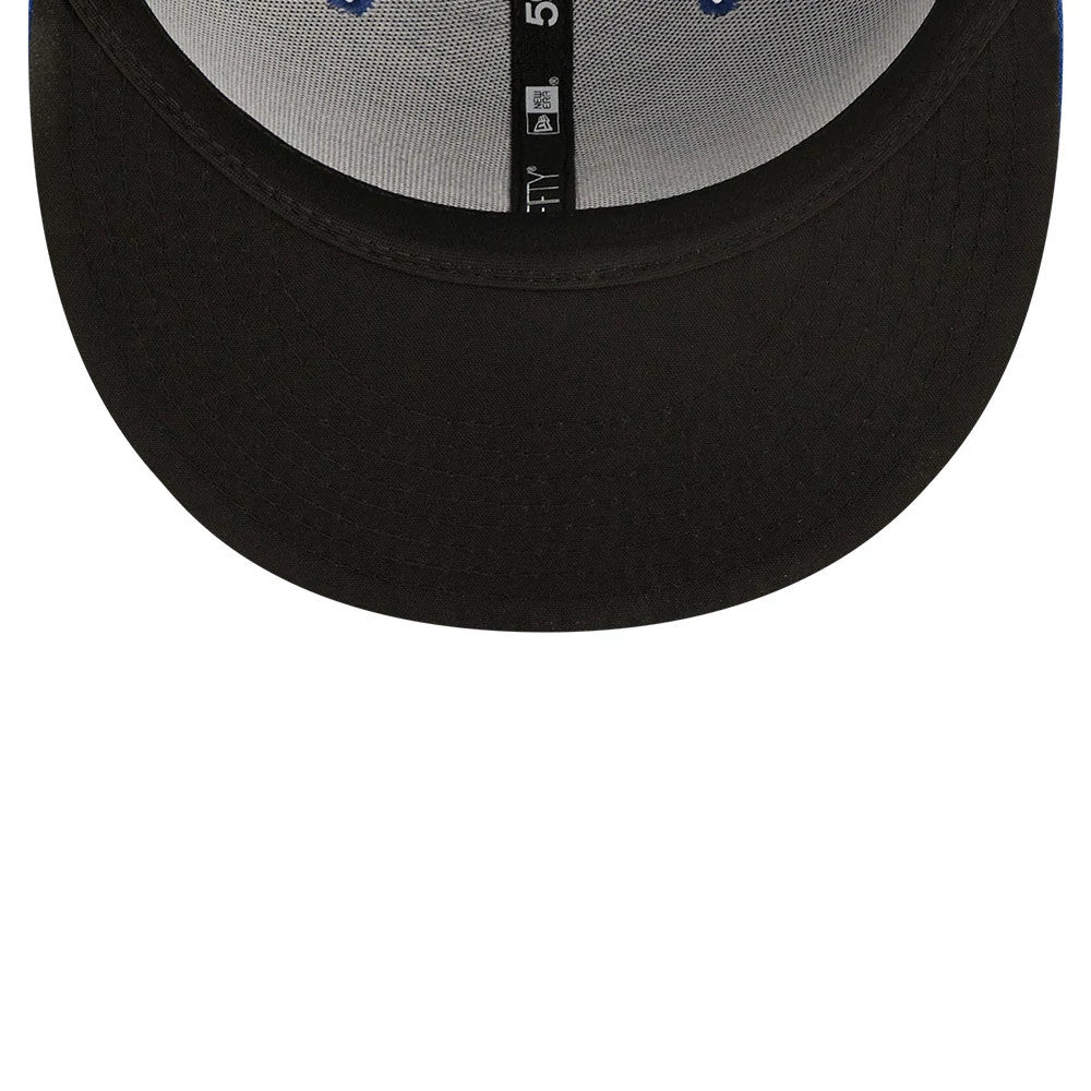 Chicago Cubs Authentic On Field Game Blue New Era 59FIFTY Cap, inside view showing black taping with branding, a black undervisor, and a 59FIFTY size sticker on the underside of the visor.