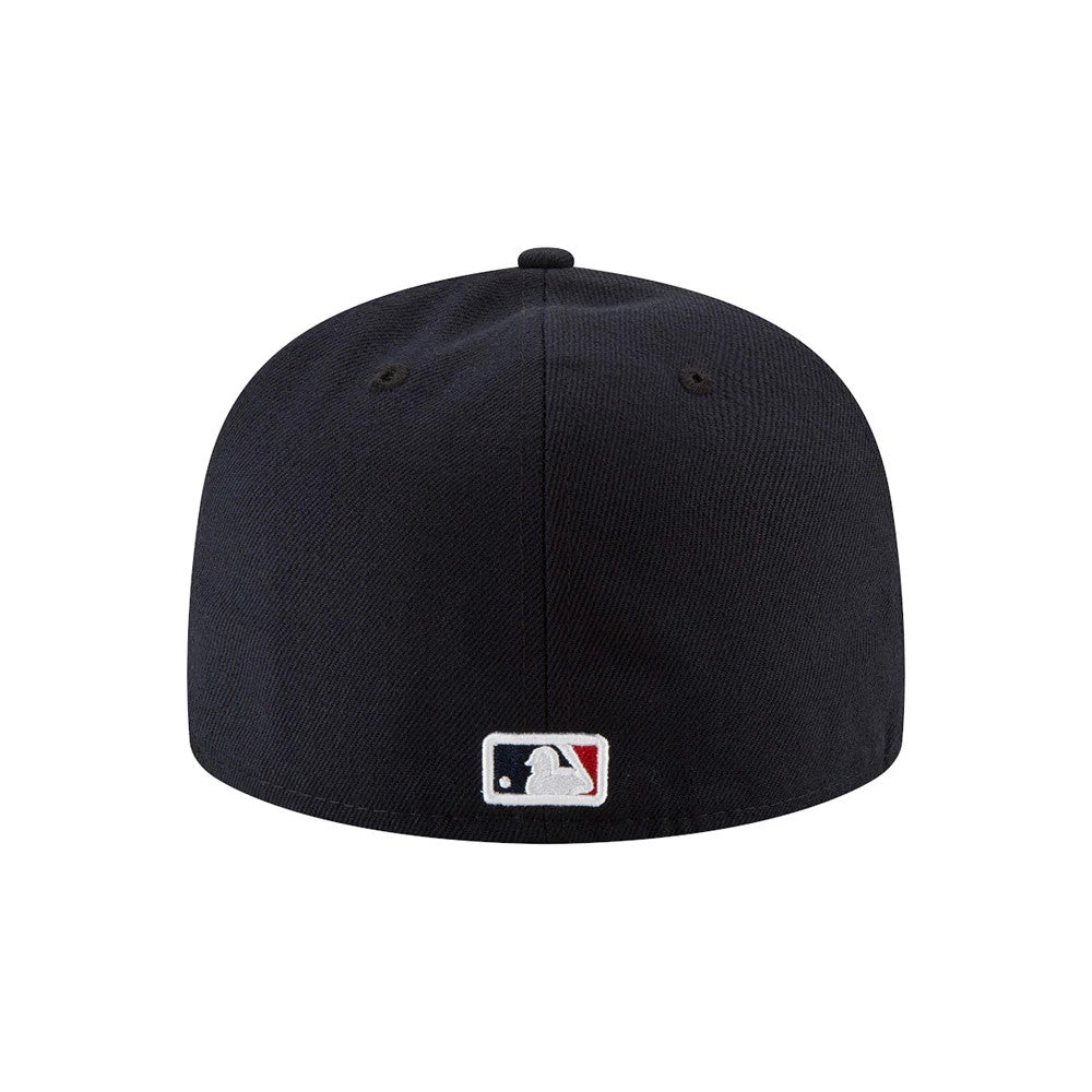 Boston Red Sox Authentic On Field Game Navy New Era 59FIFTY Cap, rear view showing the white and navy embroidered MLB Batterman logo at the centre back of the structured navy crown with a low-profile fit.