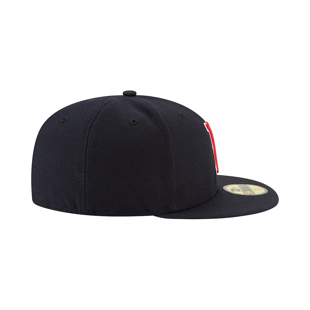 Boston Red Sox Authentic On Field Game Navy New Era 59FIFTY Cap, side view showing the navy crown with a red embroidered B logo on the front panel and the gold 59FIFTY size sticker on the flat visor.