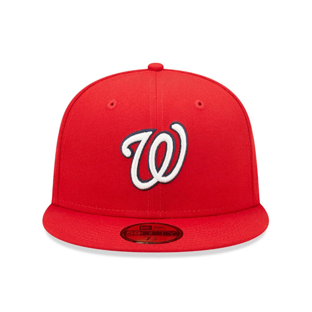 Washington Nationals Authentic On Field Red New Era 59FIFTY Cap, front view with a raised white W logo outlined in navy blue on the structured red crown and a gold 59FIFTY size sticker on the red flat visor.
