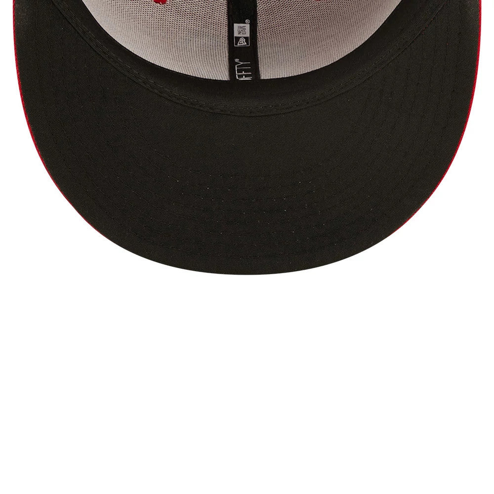 Washington Nationals Authentic On Field Red New Era 59FIFTY Cap, inside view showing the black undervisor, black taping with white 59FIFTY text, and a red sweatband edge encircling the inner crown.