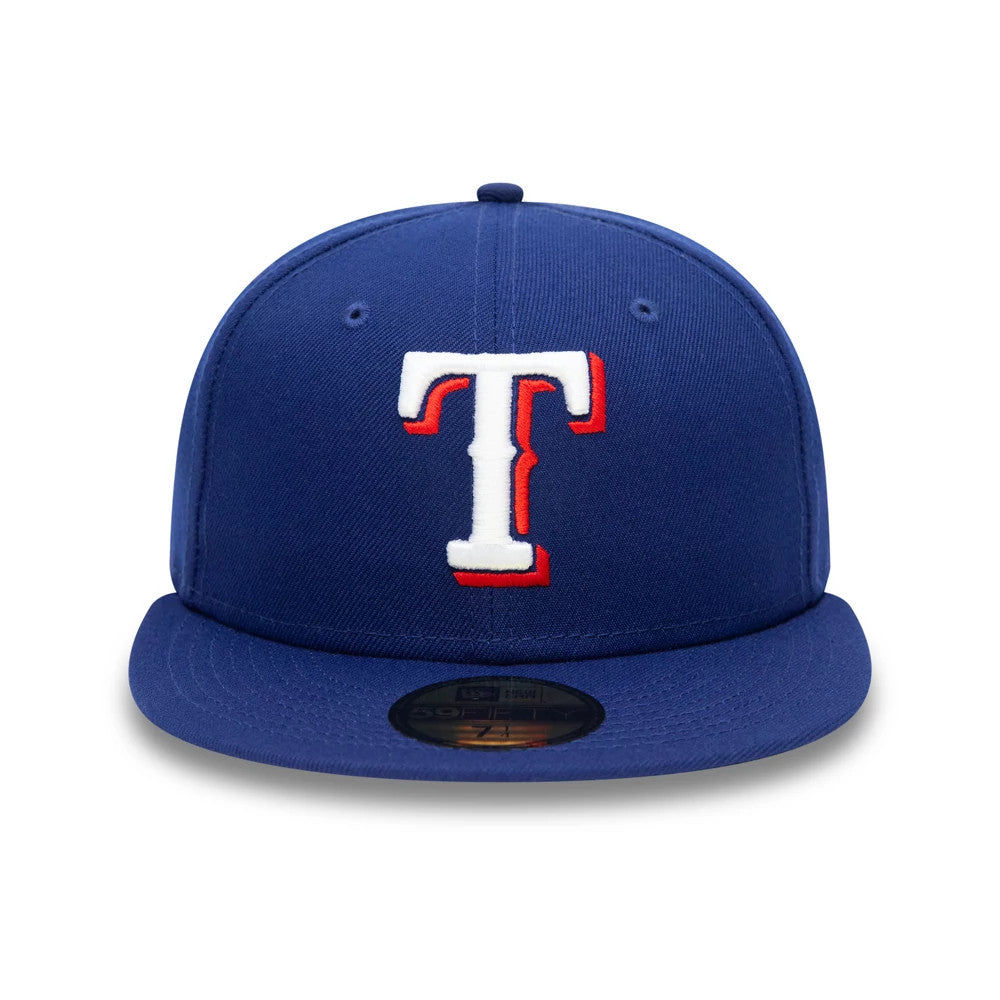 Texas Rangers MLB AC Perf Dark Blue New Era 59FIFTY Fitted Cap, front view showing the raised white and red embroidered T logo on the structured crown, with a flat visor and gold 59FIFTY size sticker on top.