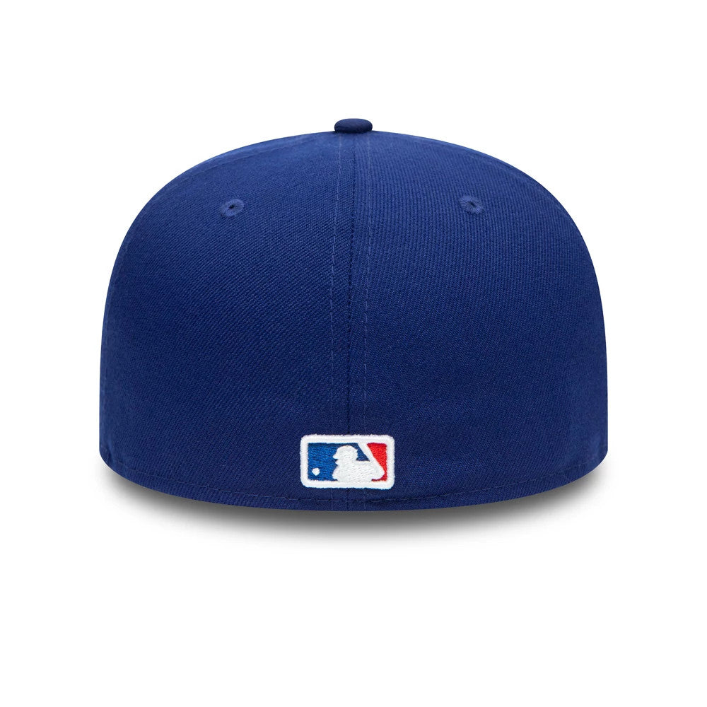 Texas Rangers MLB AC Perf Dark Blue New Era 59FIFTY Fitted Cap, rear view showing the embroidered MLB Batterman logo centred on the back panels, featuring a structured dark blue crown and matching top button.