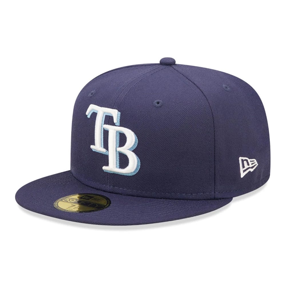 Tampa Bay Rays Authentic On Field Navy New Era 59FIFTY Cap, three-quarter view with raised white TB logo on the front panel, navy flat visor, and gold 59FIFTY size sticker, featuring the New Era flag logo on the left side.
