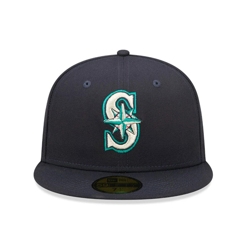 Seattle Mariners AC Perf Navy New Era 59FIFTY Cap, front view showing the large raised embroidery Mariners S logo in white and teal on the navy crown, with a flat navy visor and gold 59FIFTY size sticker on the top.