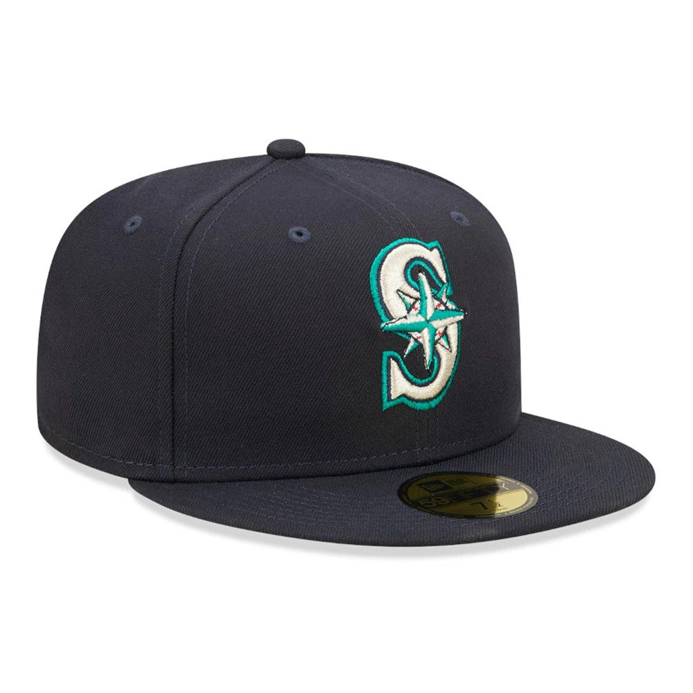 Seattle Mariners AC Perf Navy New Era 59FIFTY Cap, front view showing the raised embroidered Mariners logo in teal and white on the front panel, with a navy visor and gold 59FIFTY size sticker.