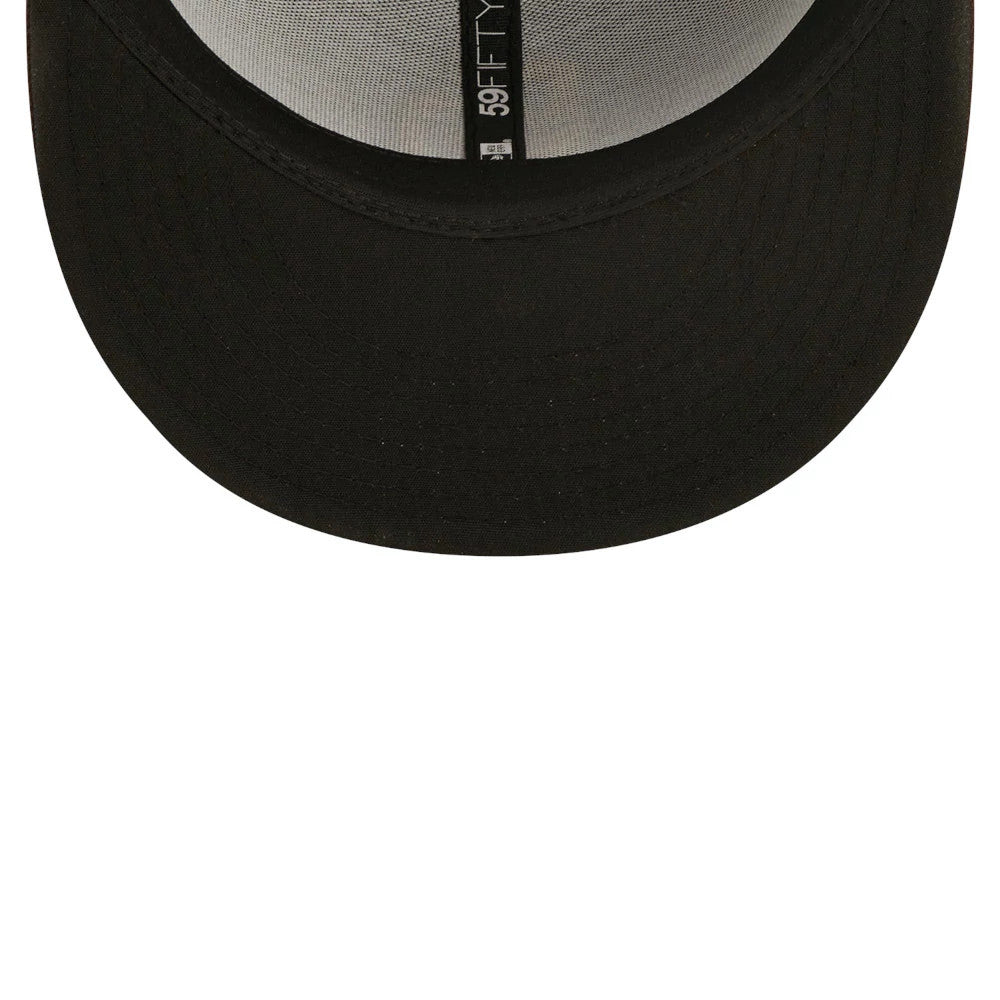 San Diego Padres Authentic On Field Brown New Era 59FIFTY Cap, inside view with black undervisor, white taping, and 59FIFTY branding, highlighting construction and soft interior lining.