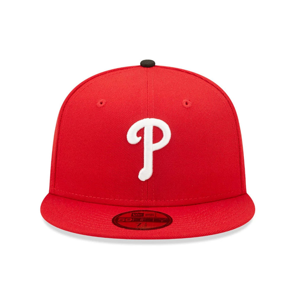 Philadelphia Phillies Authentic On Field Red New Era 59FIFTY Cap, front view showing the white raised embroidered P logo on the structured red crown, red flat visor with the gold 59FIFTY size sticker placed centrally on top.
