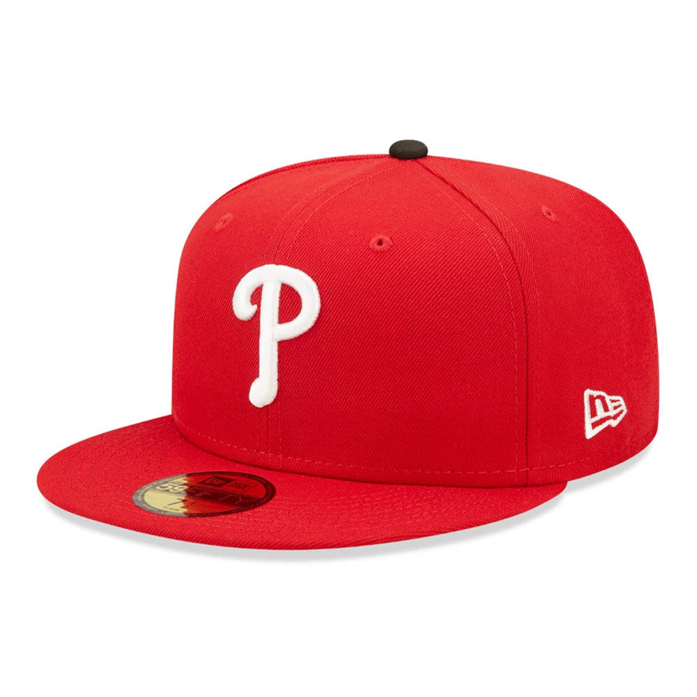 Philadelphia Phillies Authentic On Field Red New Era 59FIFTY Cap, front view showing a raised white embroidered P logo on the front panel, a gold 59FIFTY size sticker on the red visor, and the New Era flag logo on the left side.