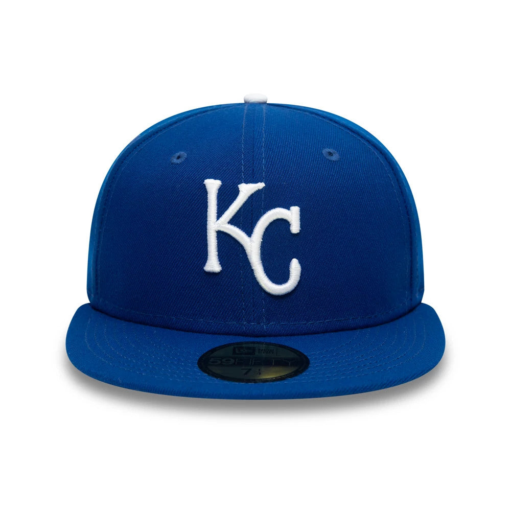 Kansas City Royals AC Perf Blue New Era 59FIFTY Cap, front view showing raised white KC logo embroidery on the front panel, complemented by a matching blue visor with a gold 59FIFTY size sticker on top.