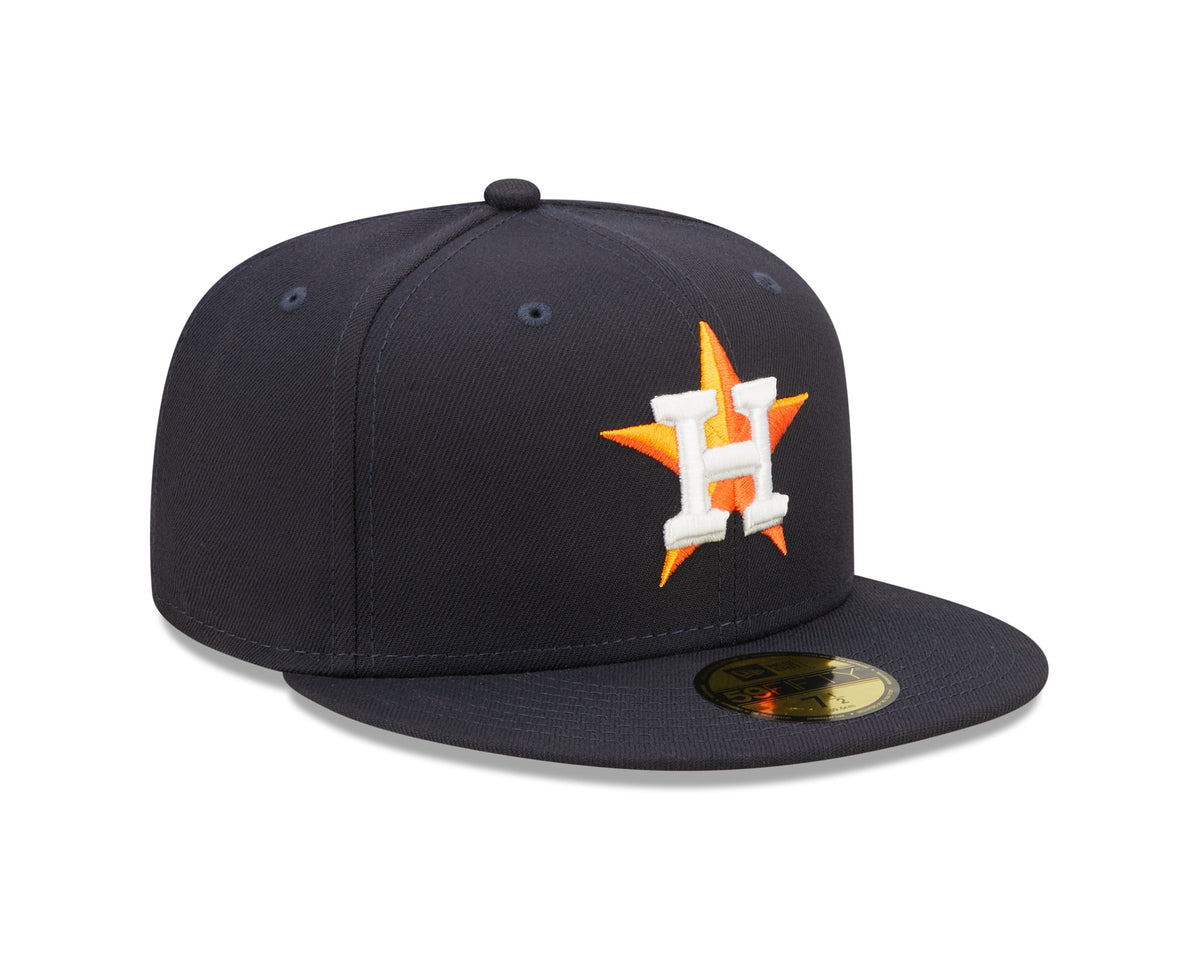 Houston Astros Authentic On Field Home Navy New Era 59FIFTY Cap, three-quarter view with raised white and orange H logo embroidered on the front panels and a gold 59FIFTY size sticker on the flat navy visor.