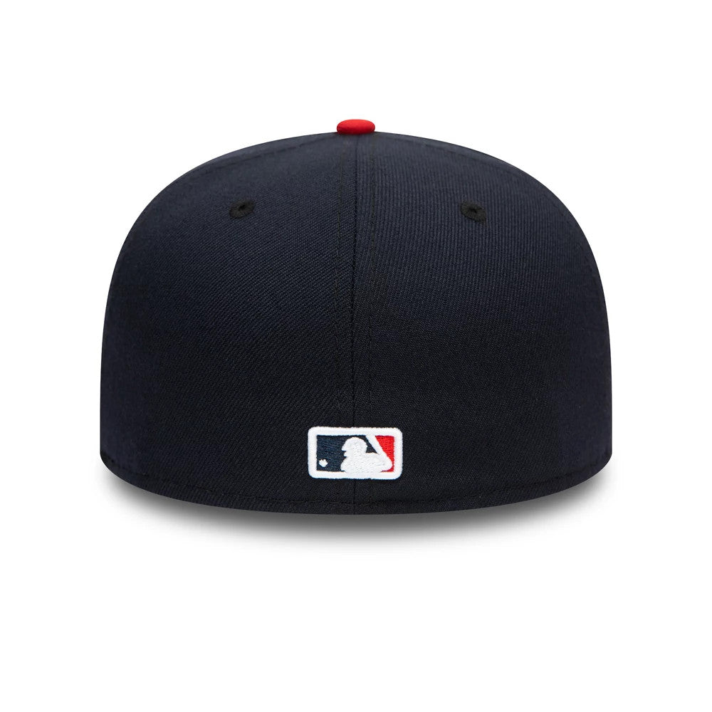 Cleveland Guardians MLB AC Perf Navy New Era 59FIFTY Fitted Cap, rear view showing the white and red embroidered MLB Batterman logo centred at the back, with a red top button on the structured navy crown.