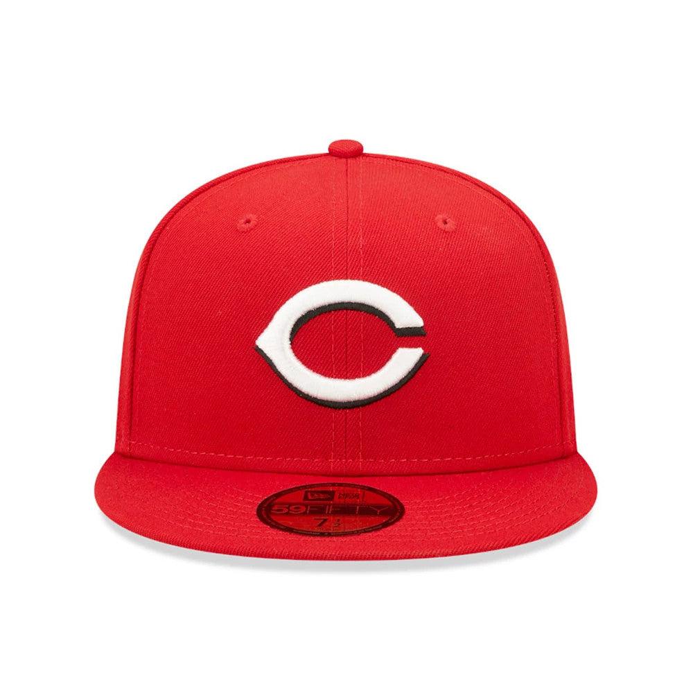 Cincinnati Reds AC Perf Red New Era 59FIFTY Cap, front view showing the raised white and black embroidered C logo on the structured red crown, with a 59FIFTY size sticker on the flat red visor.