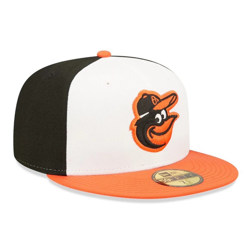 Baltimore Orioles AC Perf Black New Era 59FIFTY Cap, front view showing the raised embroidered Orioles logo on white front panels, with an orange visor and gold 59FIFTY size sticker.