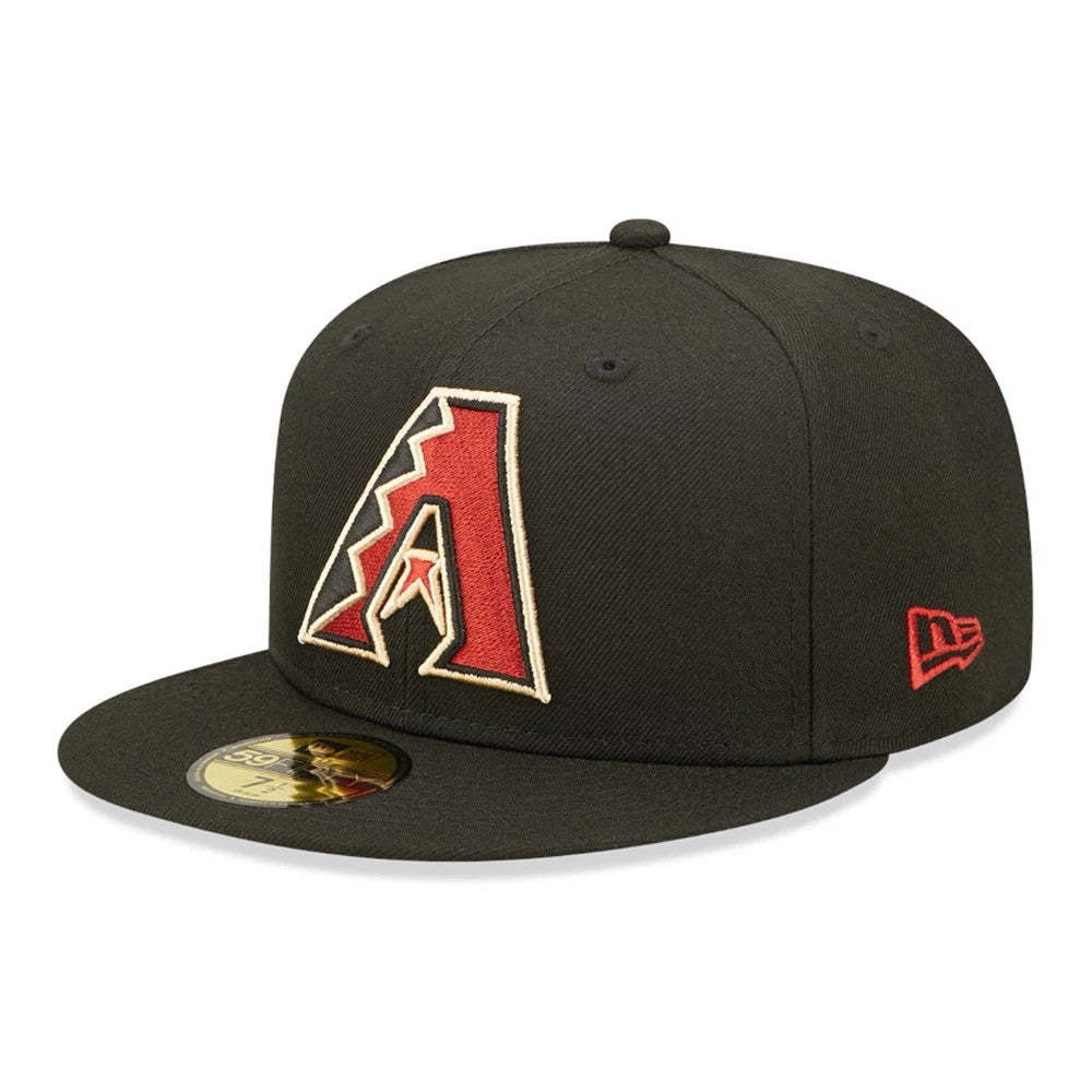 Arizona Diamondbacks Authentic On Field Game Black New Era 59FIFTY Fitted Cap, front view showing the red and gold A logo with raised embroidery on the front panel, a gold 59FIFTY size sticker on the visor, and red New Era flag logo on the left side.