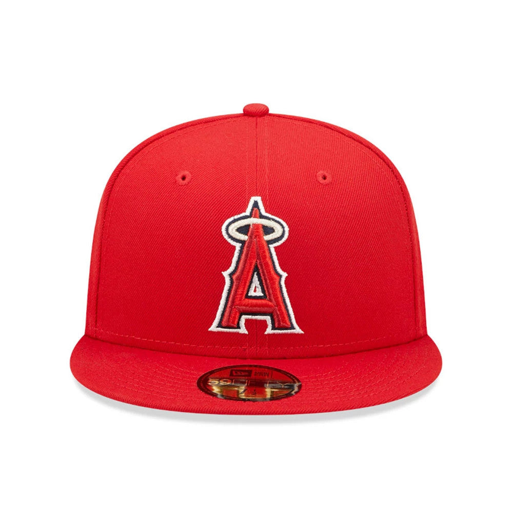 LA Angels Authentic On Field Red New Era 59FIFTY Cap, front view showing the raised embroidered red and white A logo with a halo on the front panel, red visor and a gold 59FIFTY size sticker on the visor.