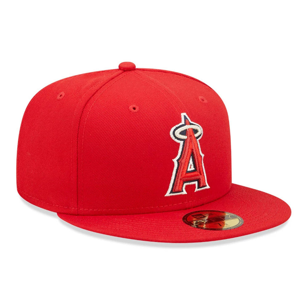 LA Angels Authentic On Field Red New Era 59FIFTY Cap, three-quarter view with raised red and white A logo embroidery on the front panels, flat red visor and gold 59FIFTY size sticker on top.