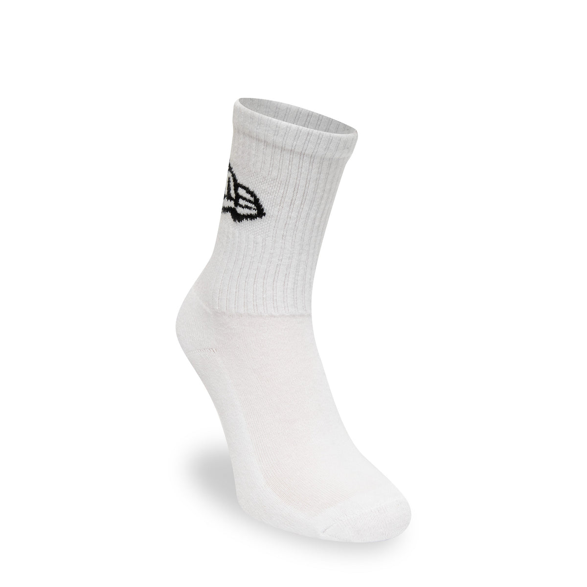 New Era Flag 3 Pack Crew White Sock, side view showing the ribbed white sock with the black woven New Era logo on the upper section, extending to the ankle with a smooth lower foot area.