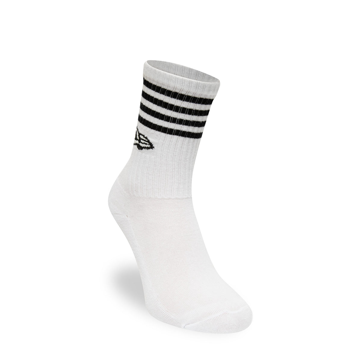 New Era Stripe 3 Pack Crew White Socks, side view showing a single white sock with three black stripes around the cuff and an embroidered New Era logo below the stripes on the side.