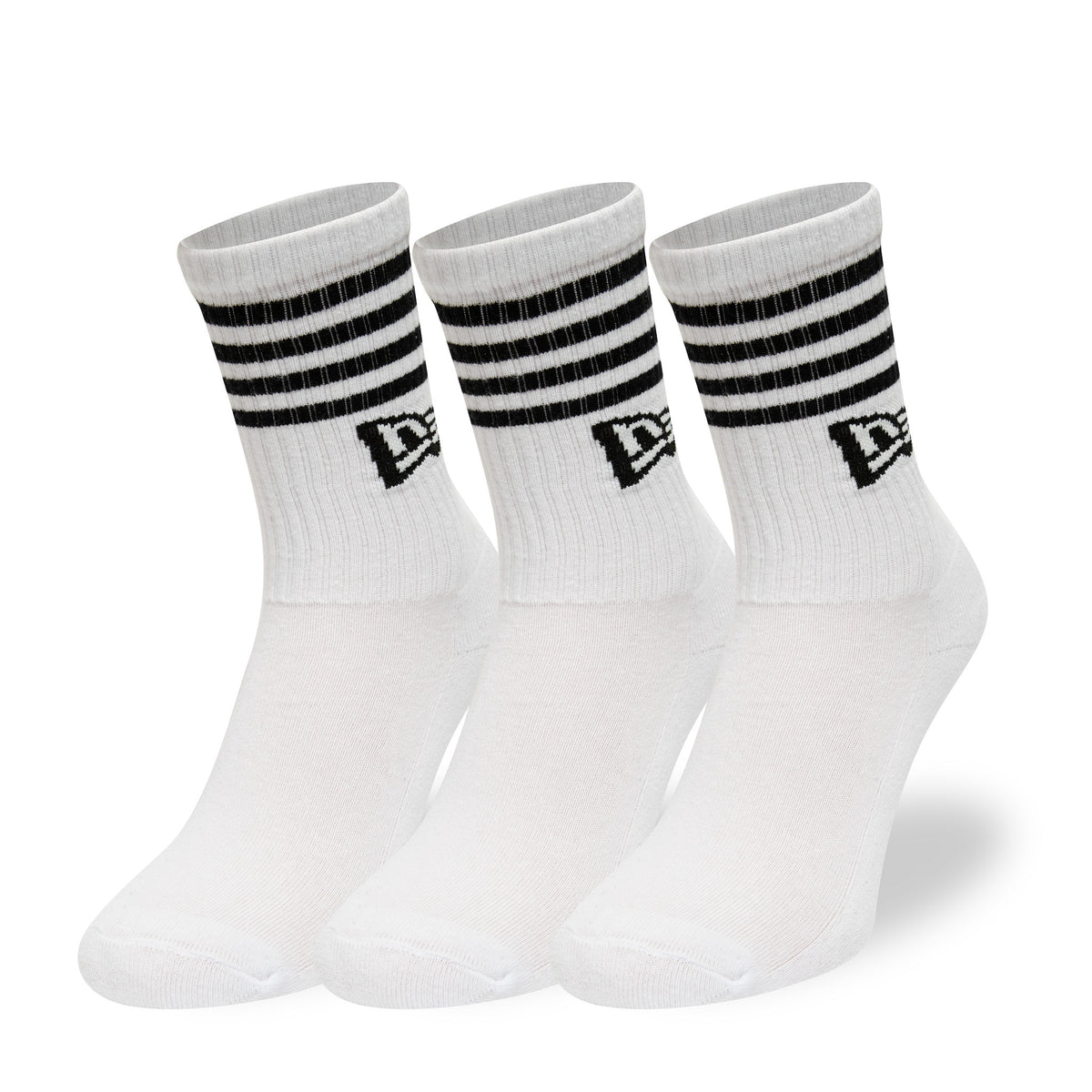 New Era Stripe 3 Pack Crew White Socks, three-quarter view of three white socks standing upright, featuring black stripes around the cuffs and a black raised New Era logo on the side below the stripes.