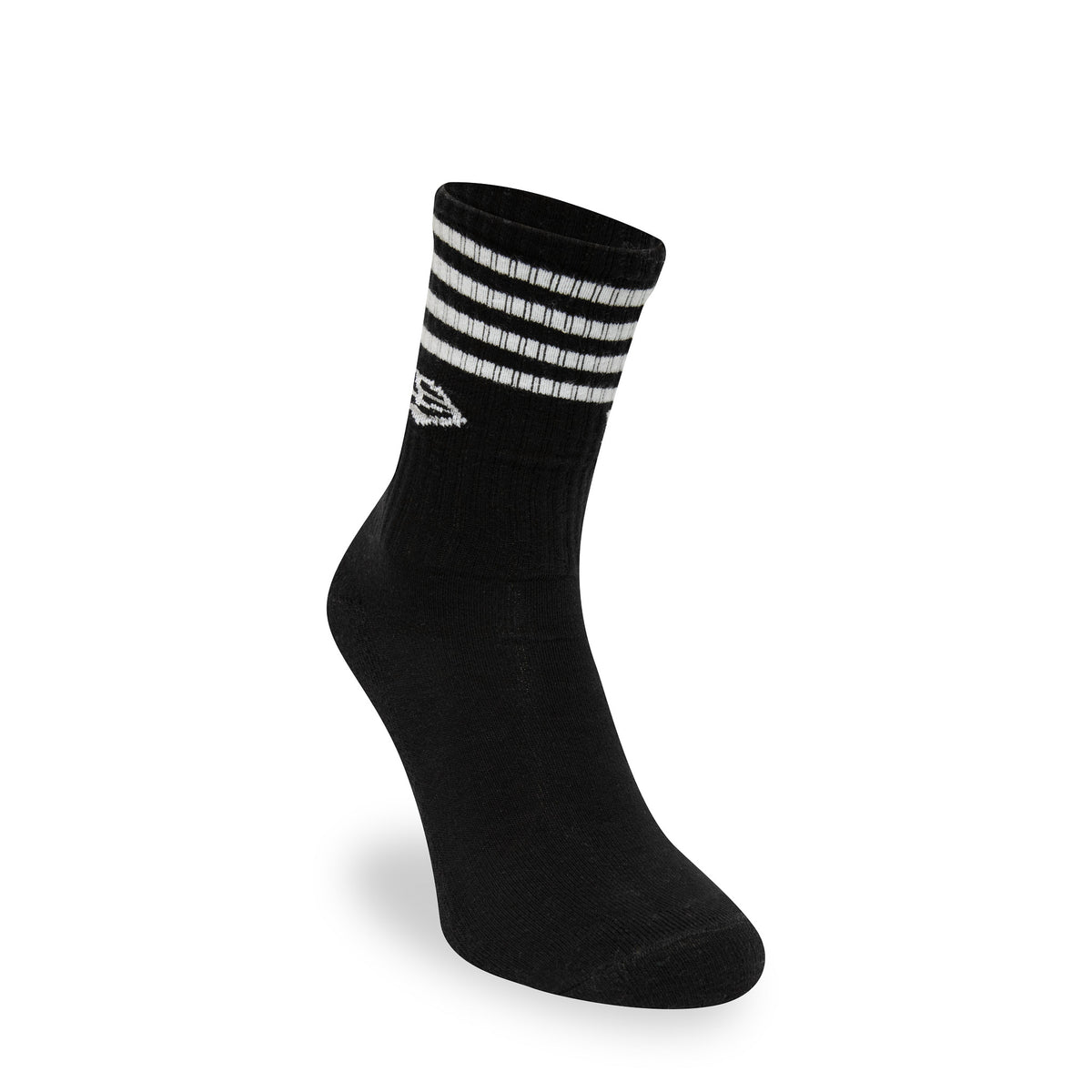 New Era Stripe 3 Pack Crew Black Socks, side view showing a single black sock with three white horizontal stripes near the top, a raised New Era logo below the stripes, and a clean black footbed.