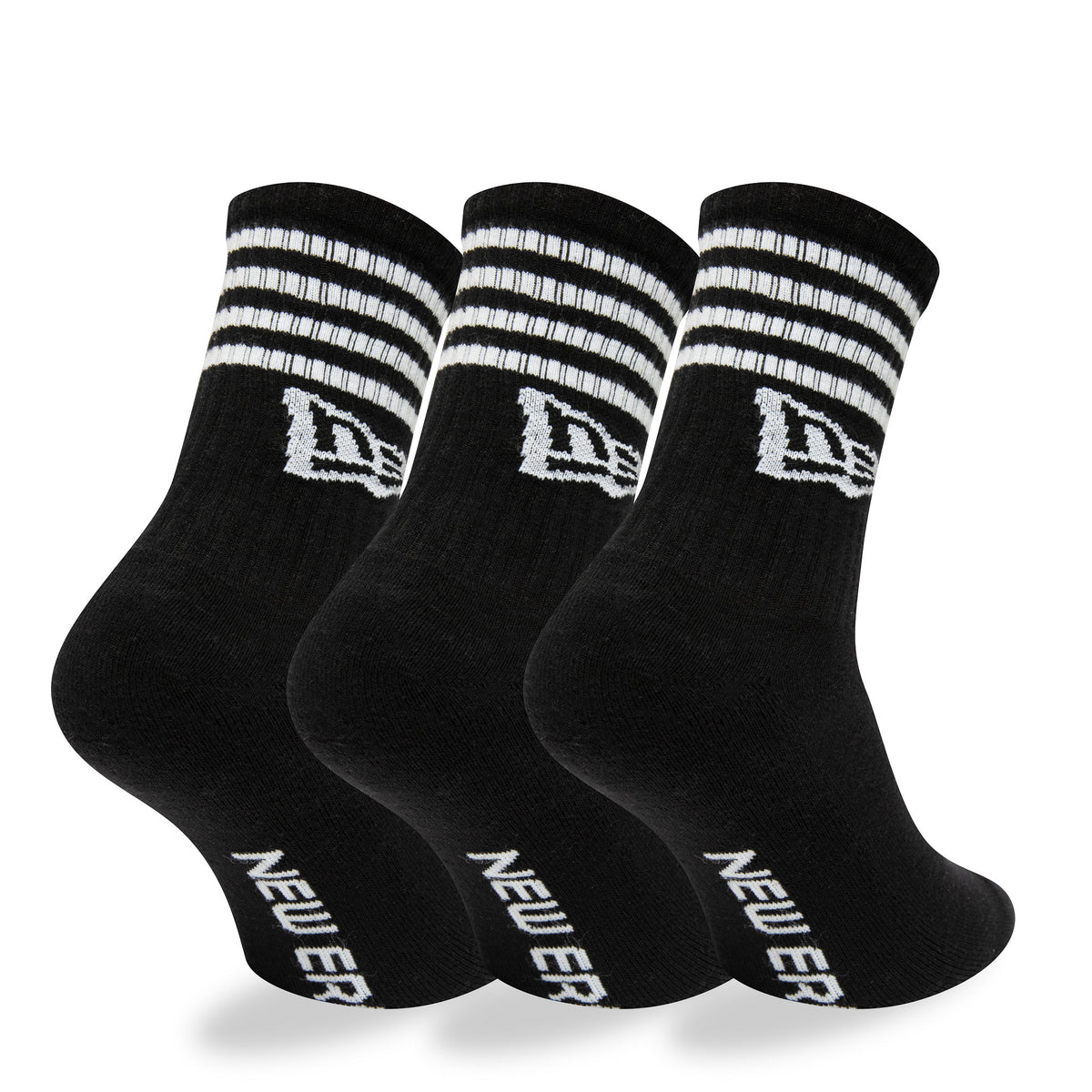 New Era Stripe 3 Pack Crew Black Socks, side view showing three pairs of black socks with white stripes at the top, each featuring a raised New Era logo on the side and the words "NEW ERA" along the foot.