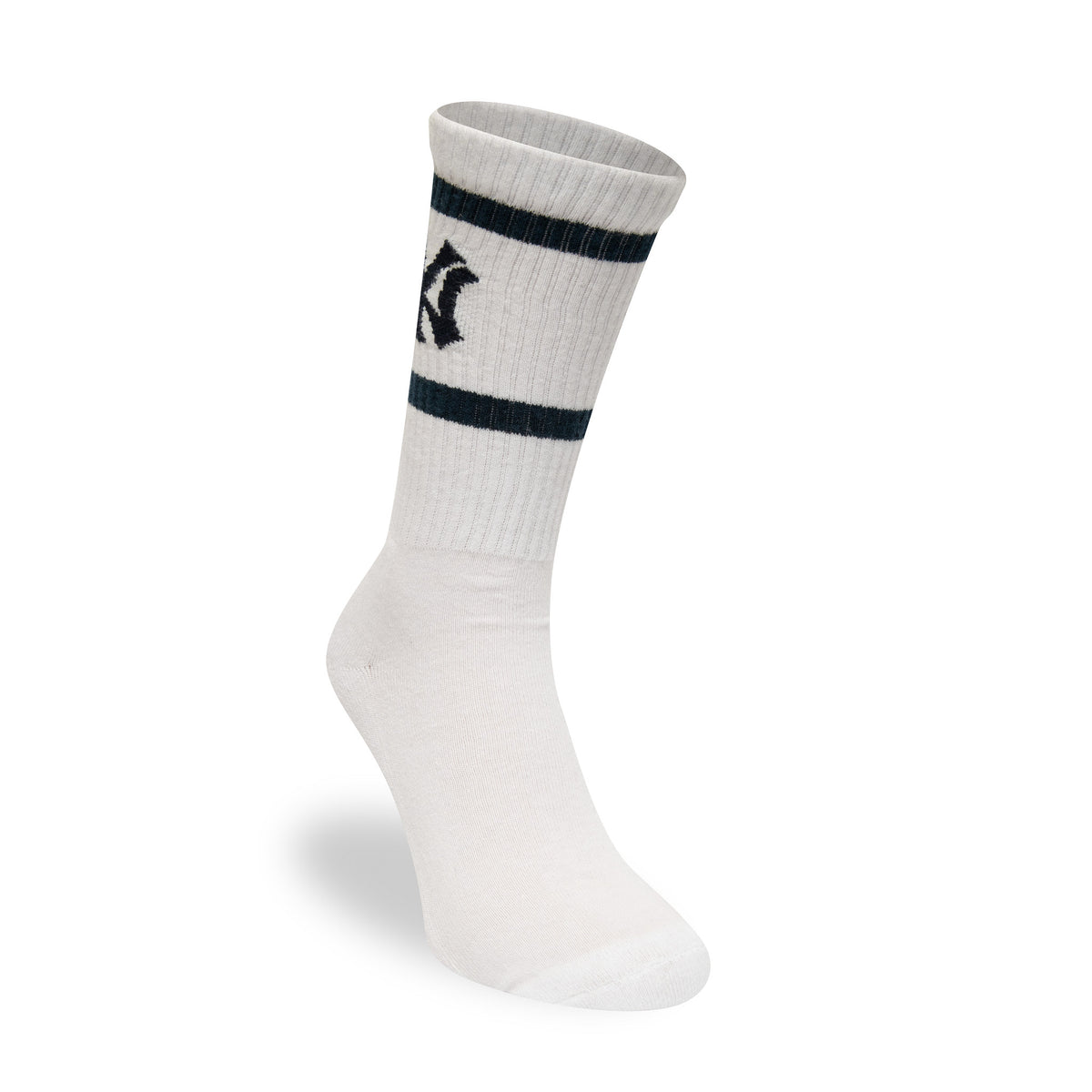 New York Yankees MLB Premium White Socks, side view showing the ribbed white sock with a dark stripe around the calf and an embroidered black New York Yankees logo positioned between the stripes near the top.