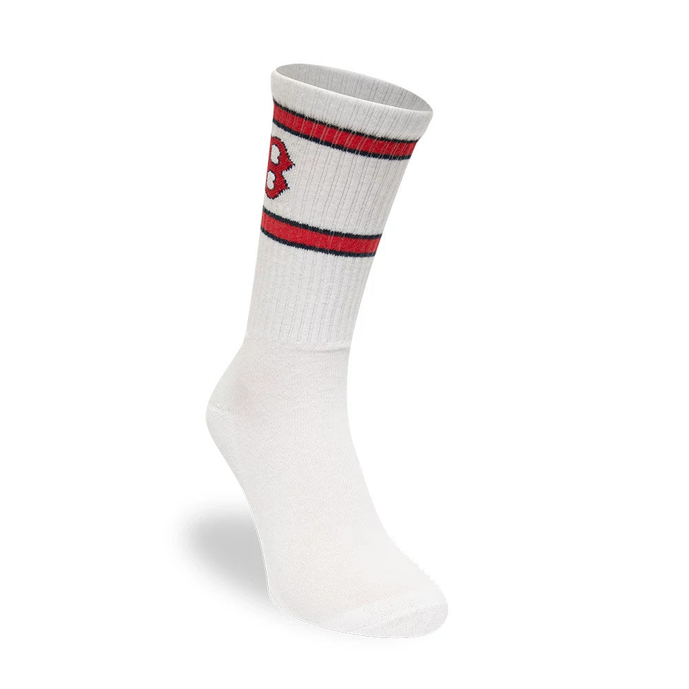 Boston Red Sox MLB Premium White Socks, side view showing a single white sock with red and black stripes near the top and an embroidered red and white team logo centred within the stripes.