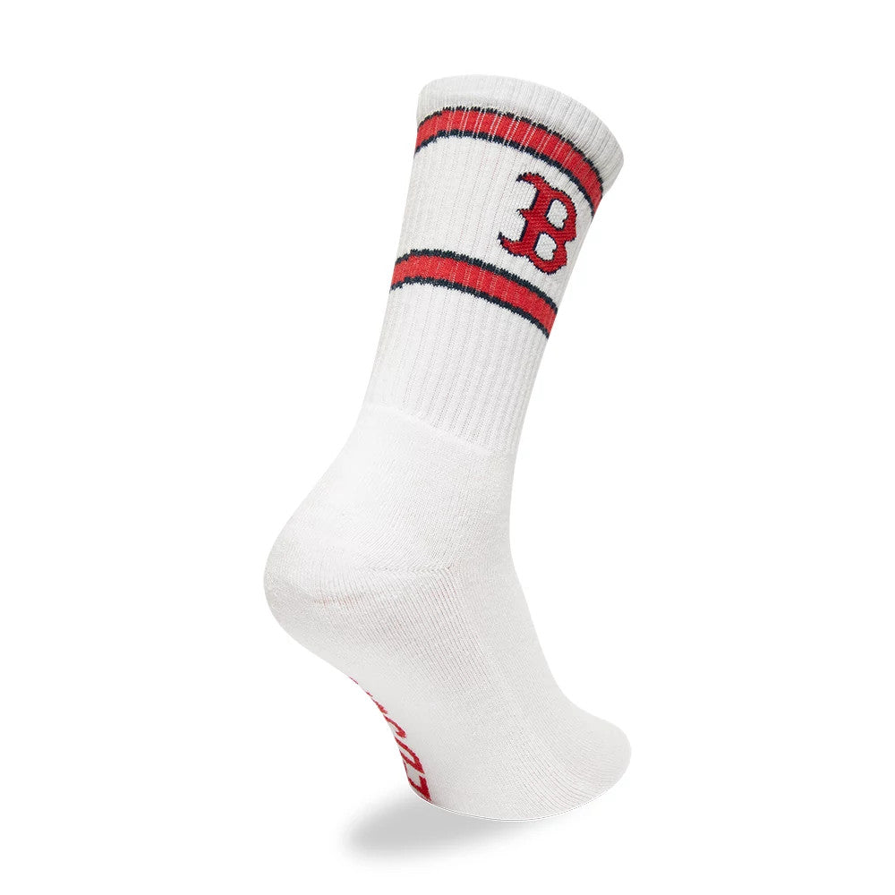 Boston Red Sox MLB Premium White Socks, side view showing a ribbed white sock with red and navy stripes near the top, the letter "B" embroidered in red on the side, set against a crisp white background.