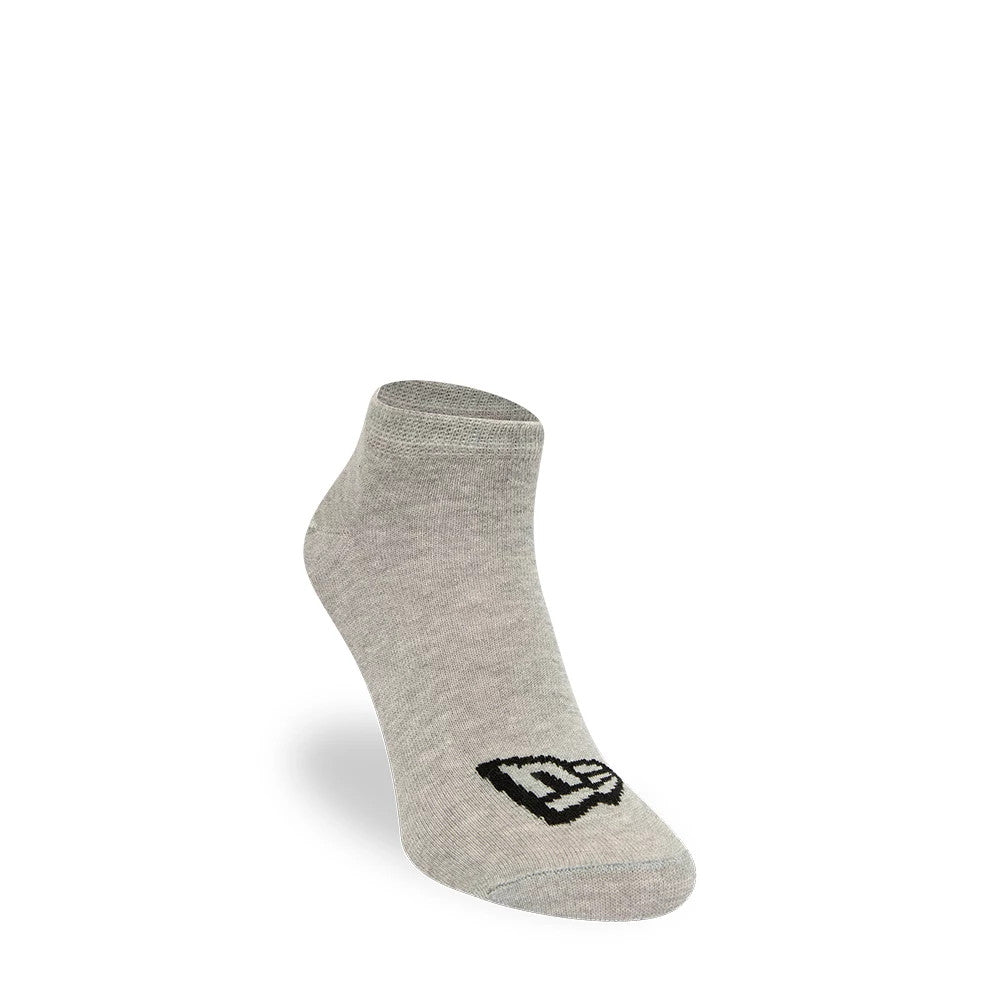 New Era Flag 3 Pack Grey, White and Black Socks, side view showing a grey sock with a black raised New Era logo near the toe on a simple, mid-ankle design, lightly ribbed at the ankle opening.