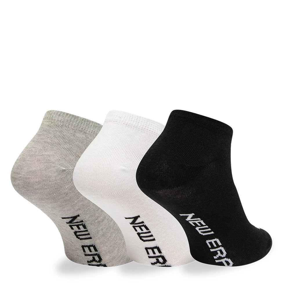 New Era Flag 3 Pack Grey, White and Black Socks, side view showing three pairs of ankle socks aligned in grey, white and black, each with a New Era logo in black text running vertically along the side.