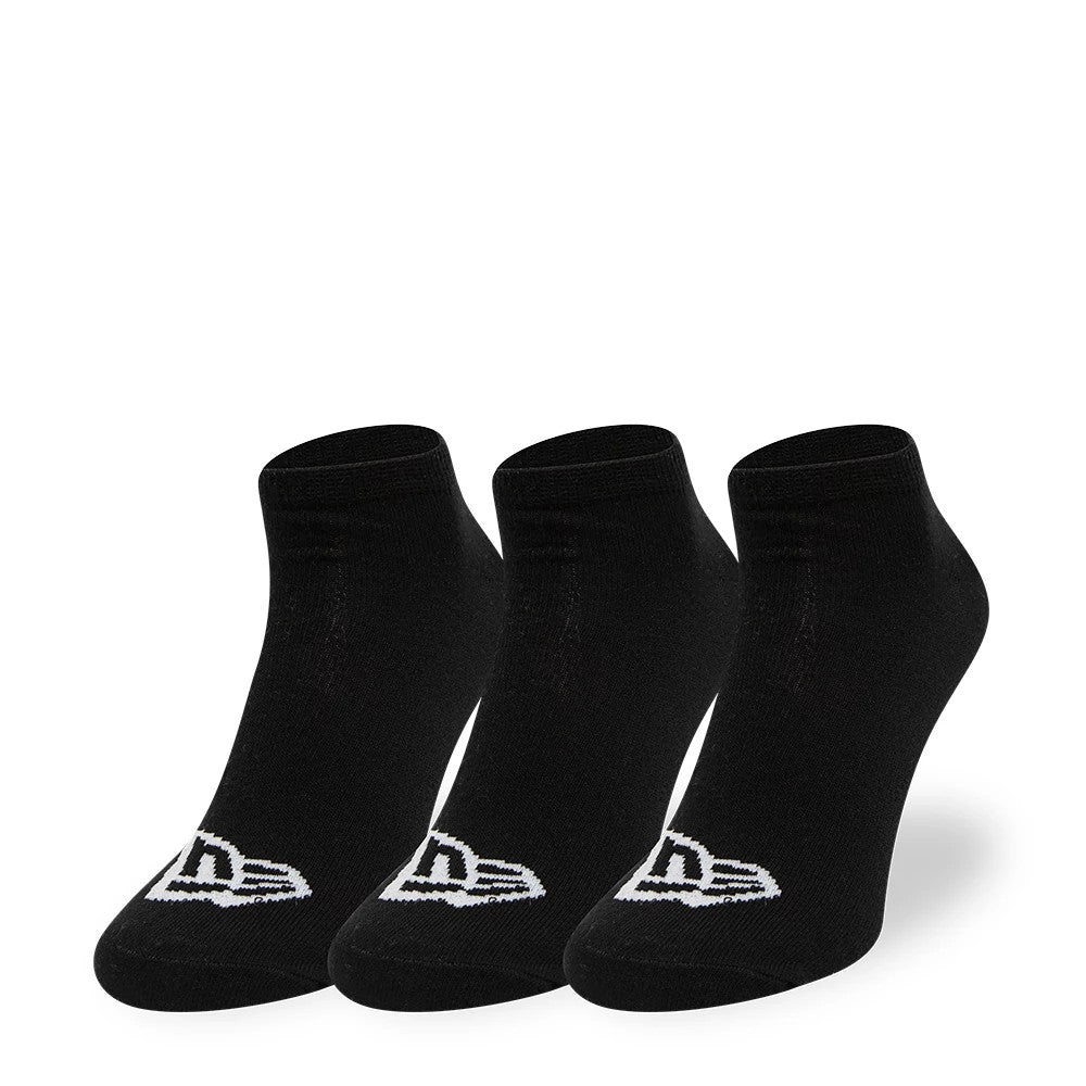 New Era Flag 3 Pack Sneaker Black Socks, front view featuring three pairs of black ankle socks each with a white embroidered New Era logo on the toe area, displayed in a row side by side.