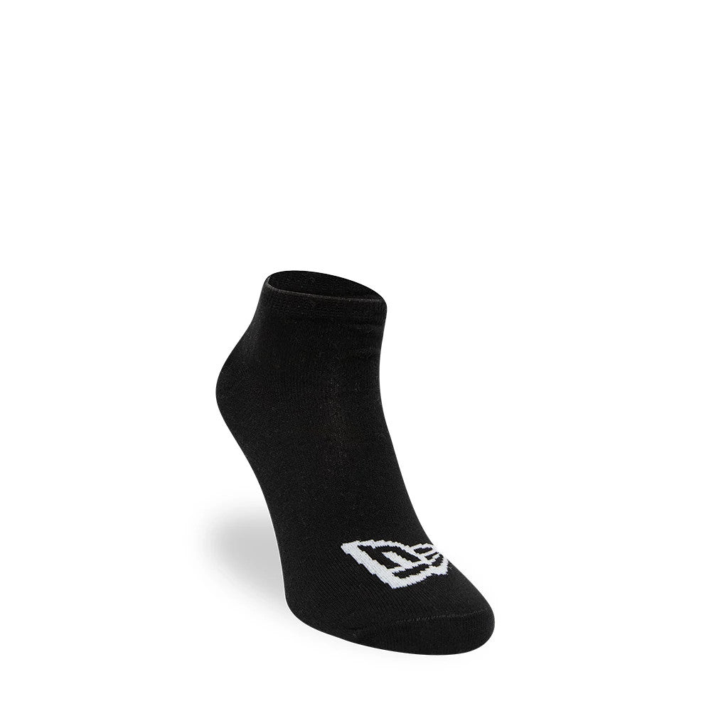 New Era Flag 3 Pack Sneaker Black Socks, side view showing a single black ankle sock with a raised white New Era logo positioned near the toe.