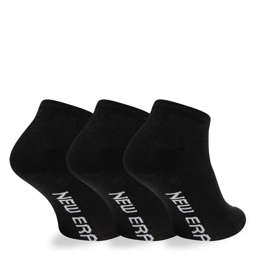 New Era Flag 3 Pack Sneaker Black Socks, side view showing three pairs of black socks with the white New Era logo aligned vertically along the arch, each sock featuring a low-cut ankle design.