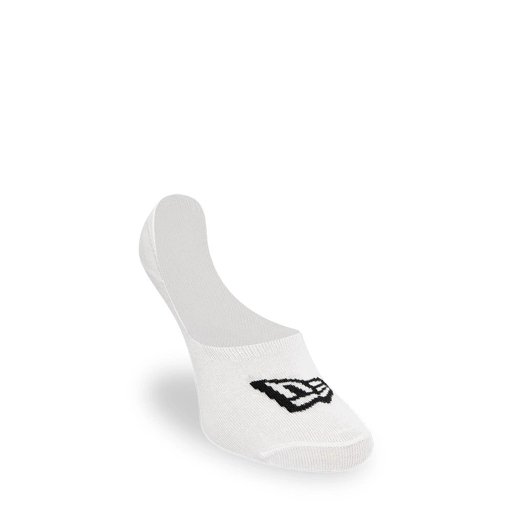 New Era Flag Invisible White Socks, side view showing a low-cut white sock with a black embroidered New Era logo prominently placed on the top near the opening, designed with a minimalistic arch and heel outline.