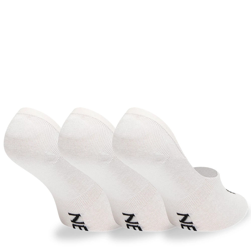 New Era Flag Invisible White Socks, side view showing three pairs angled, each sock in a soft white with the letters "NE" in black near the heel, and low-cut design emphasising invisibility when worn.