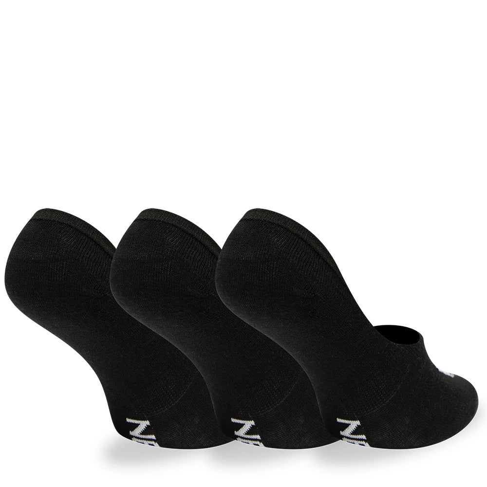 New Era Flag 3 Pack Invisible Black Socks, side view showing a trio of black socks angled in a row, each featuring the white raised New Era logo on the heel, highlighting the low-cut design and seamless structure.