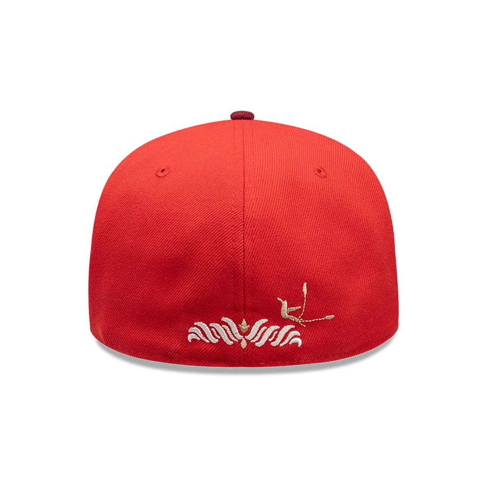 New Era Peru Red 59FIFTY Fitted Cap, rear view showing intricate gold and white embroidery centred along the bottom edge of the red crown, with a plain top button and matching red eyelets.