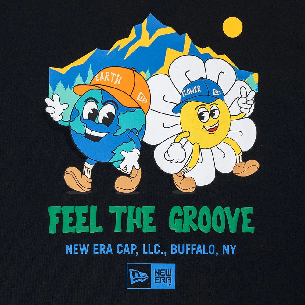 New Era Outdoor Earth Day Black T-Shirt, front view featuring a graphic of a blue Earth character in an orange cap and a yellow Flower character in a blue cap, with mountains and a sun in the background, and the phrase "FEEL THE GROOVE" below.