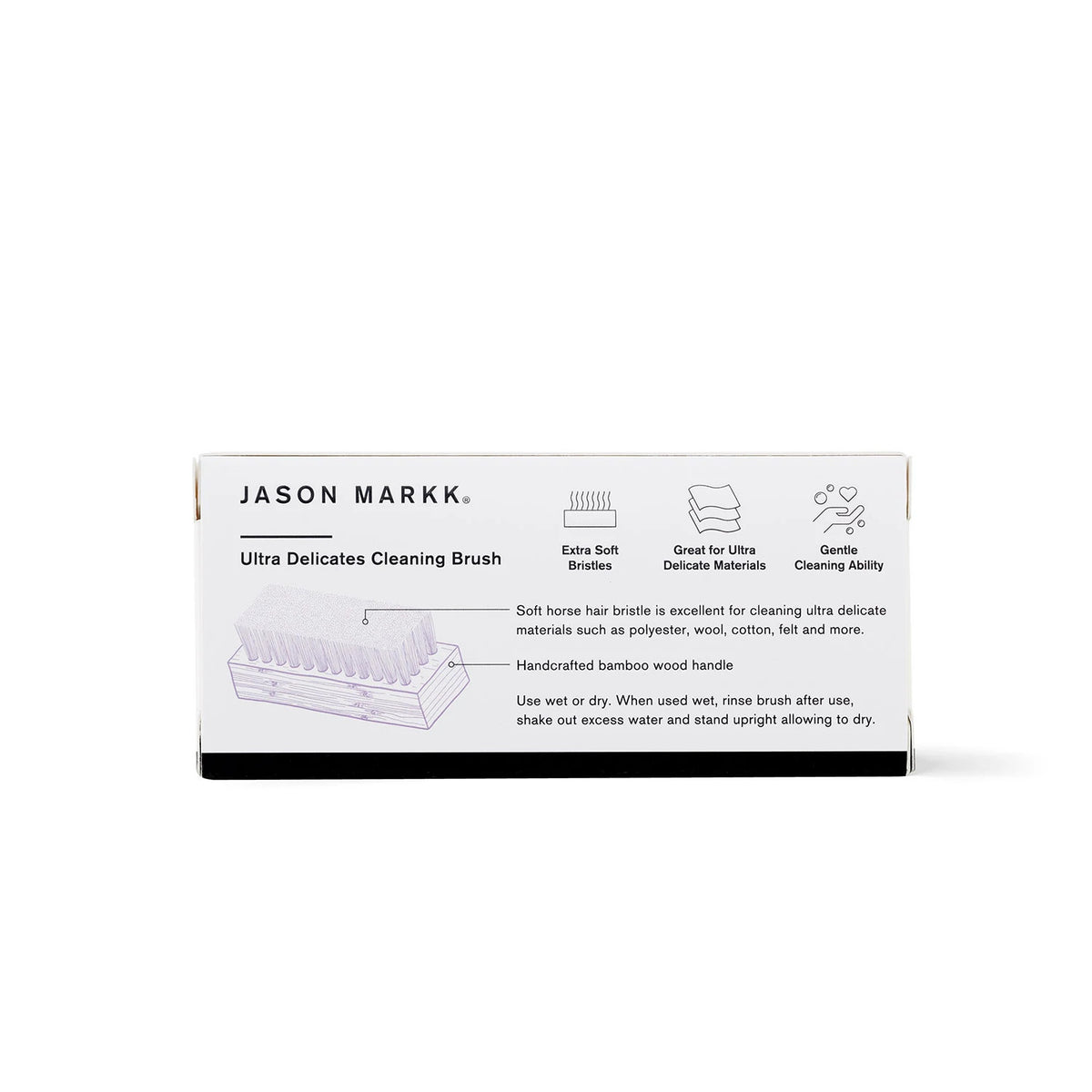 Jason Markk® Ultra Delicates Wooden Cap Brush, front view showing the packaging with product name, usage instructions, and illustration of the brush with soft bristles and bamboo wood handle.