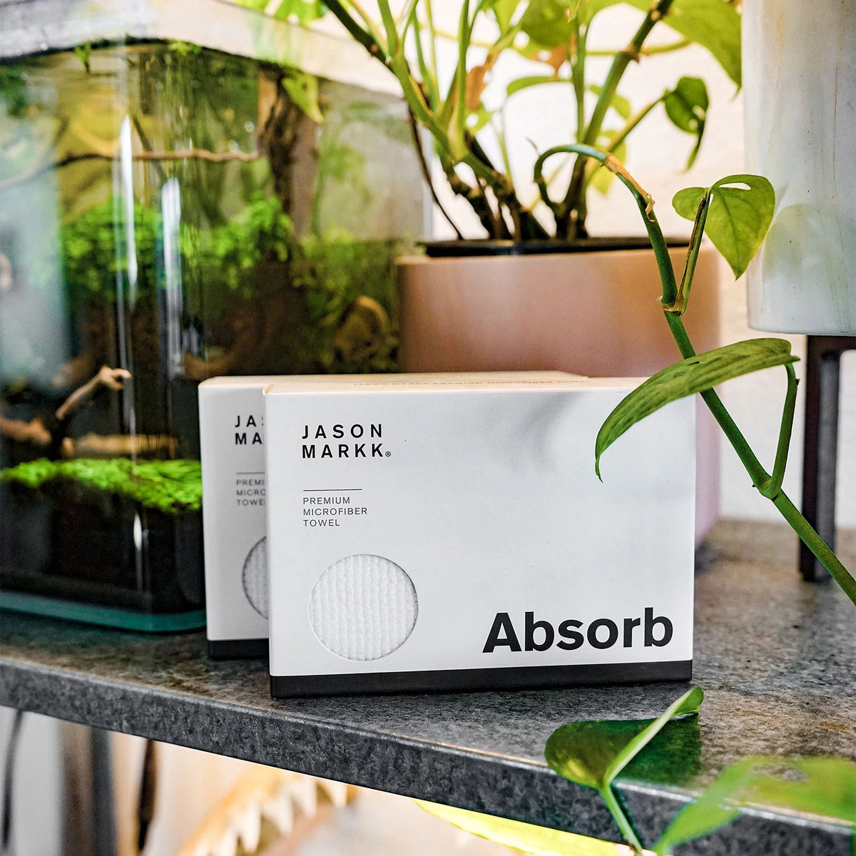Jason Markk® Absorb Premium Microfiber Towel, front view showing sleek packaging design with bold black lettering and textured circle detail, placed on a shelf with potted plants nearby.