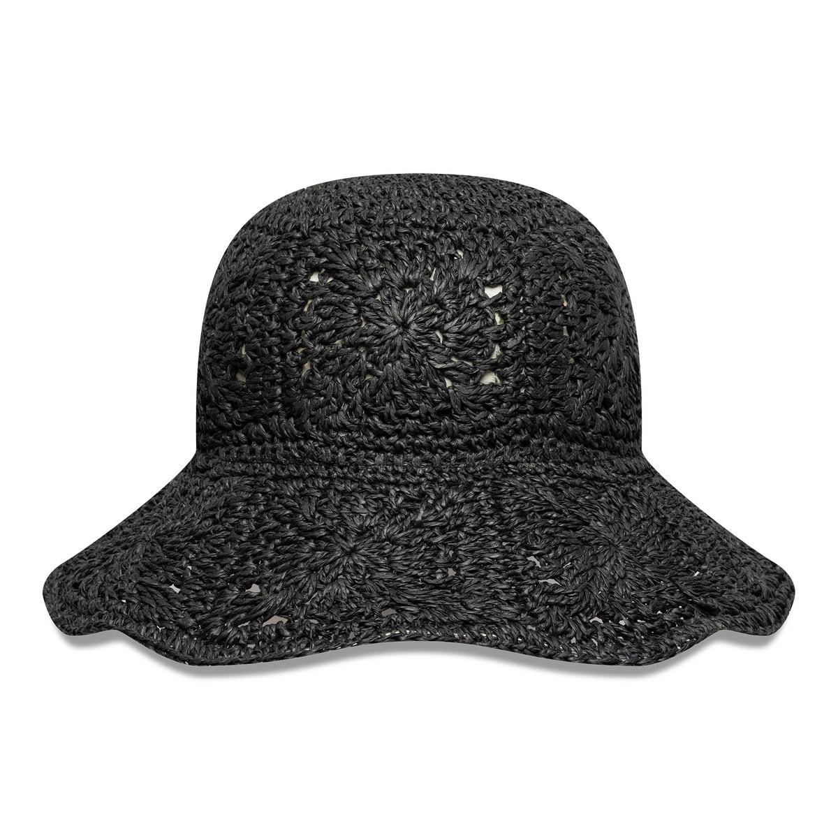 New Era Paper Hat Black Adventure Bucket Hat, front view showing intricate black crocheted design with circular patterns and a wide brim, highlighting the textured surface and unique woven style.