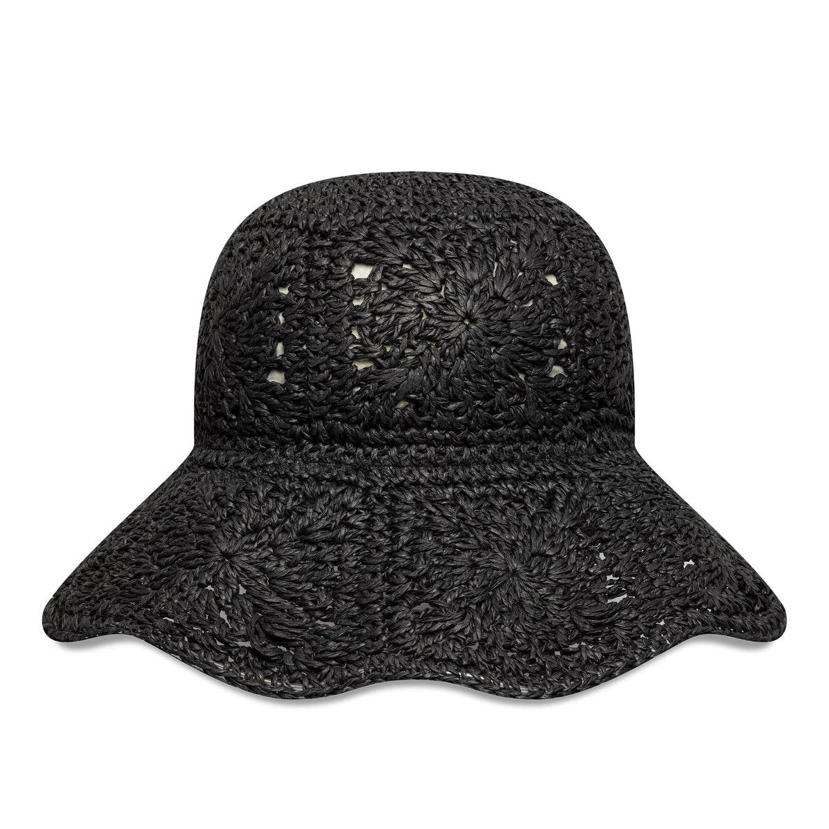New Era Paper Hat Black Adventure Bucket Hat, front view showing the intricate stitched pattern across the crown and wide brim, creating a textured and detailed look unique to this soft black bucket style.