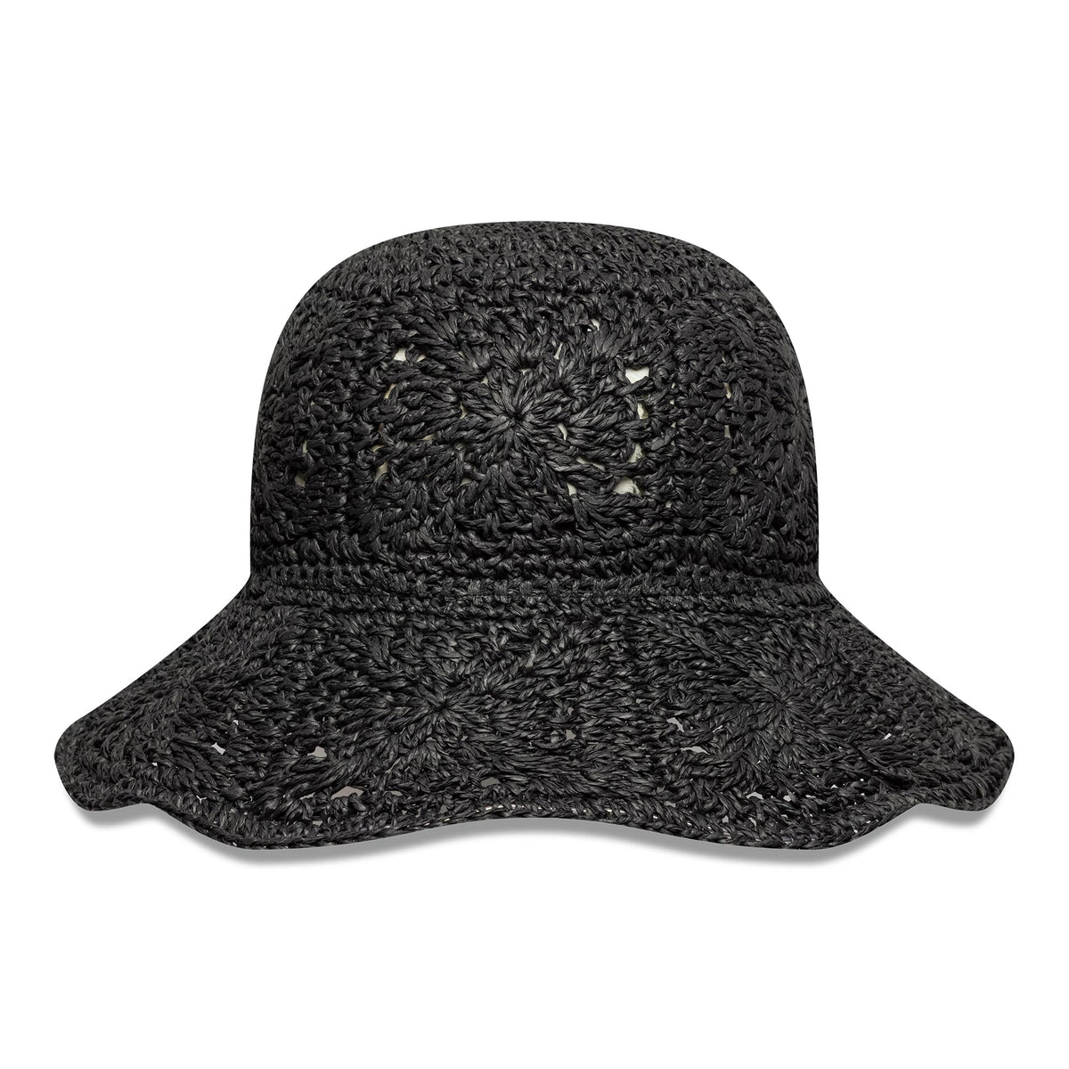 New Era Paper Hat Black Adventure Bucket Hat, front view showing the textured black crochet design with intricate patterns on the crown and wide brim, highlighting the craftsmanship and casual style.